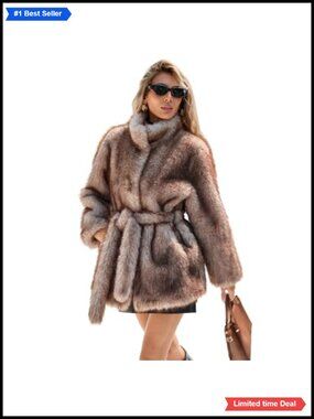 Faux Fur Coat Stand Collar Belted Wrap Jacket Mid Length